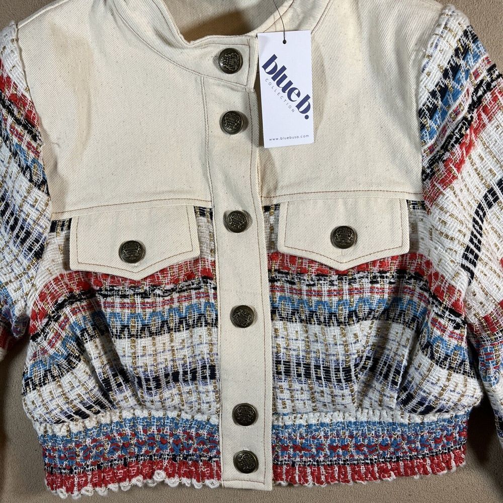 Blue B Collection Tweed Denim Cropped‎ Jacket Women L Beige Coastal Cowgirl